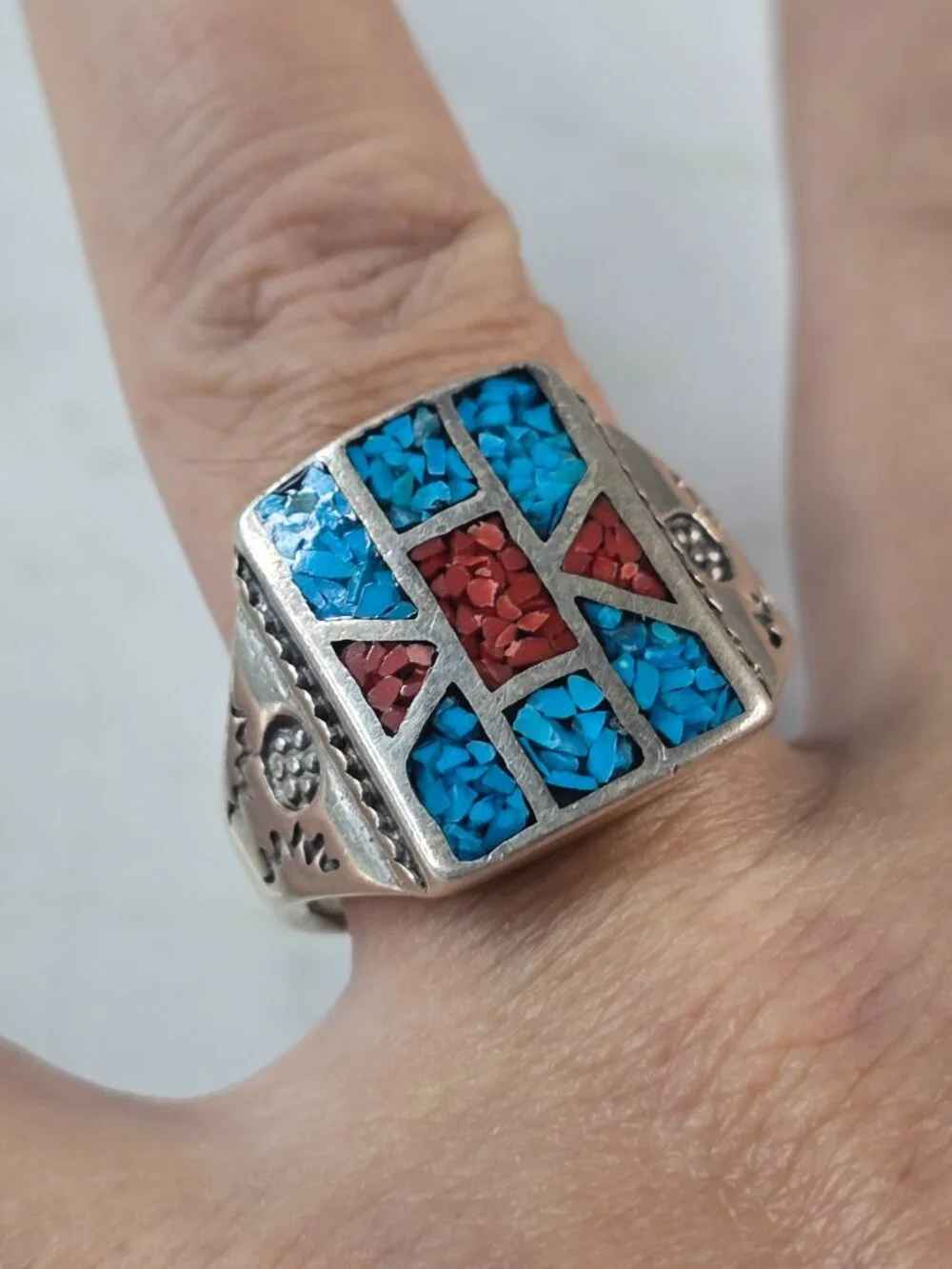Mens Vintage Estate Sterling Silver Turquoise Coral Ring 19.5g E608